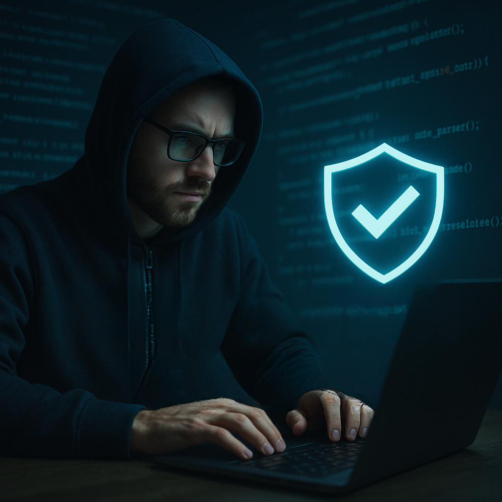 Man in a hooded sweatshirt working on a laptop, lit by a blue security shield icon and coding on the screen.