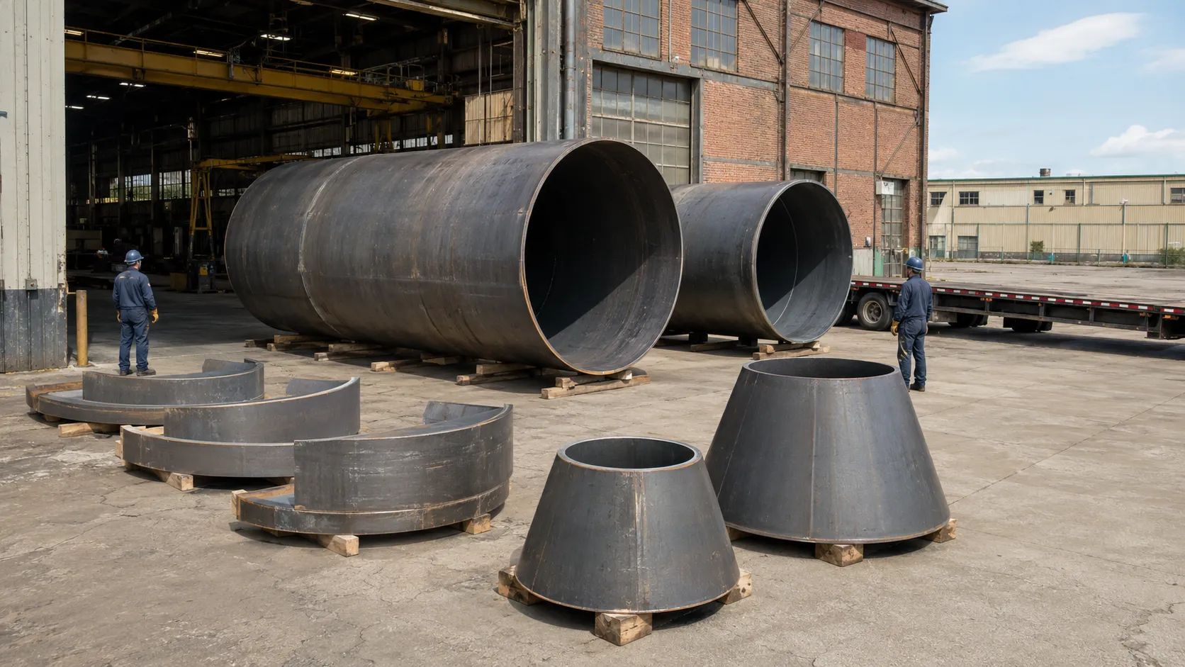 Large black metal pipes and cone sections on pallets outside an industrial workshop