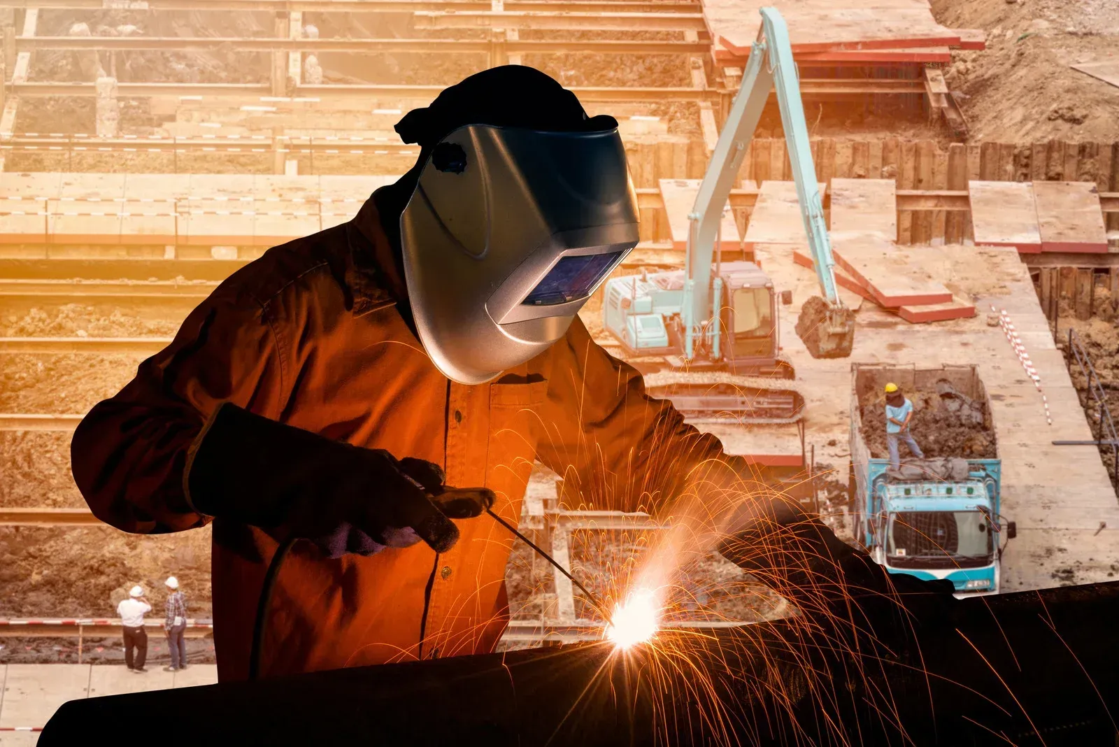 Welder in orange jacket and face shield sparks metal in an industrial workshop