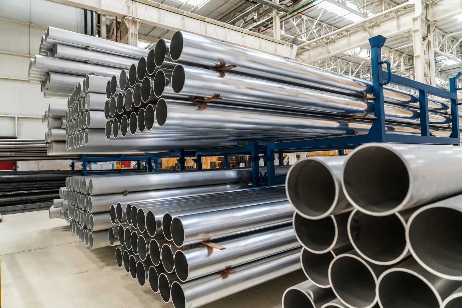 Metal pipes stored in a warehouse on blue shelving.