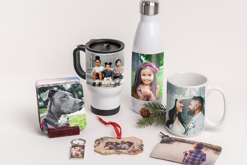 Personalized photo gifts: mugs, tumbler, water bottle, keychain, coaster, and pillow on a white background