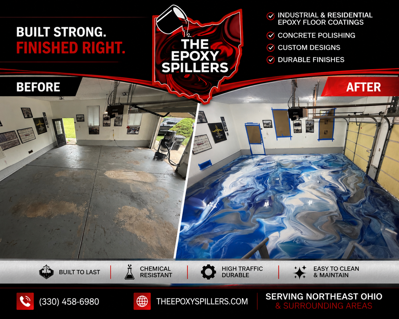 Before-and-after epoxy flooring: dull gray garage transformed into glossy blue-and-white marbled finish.