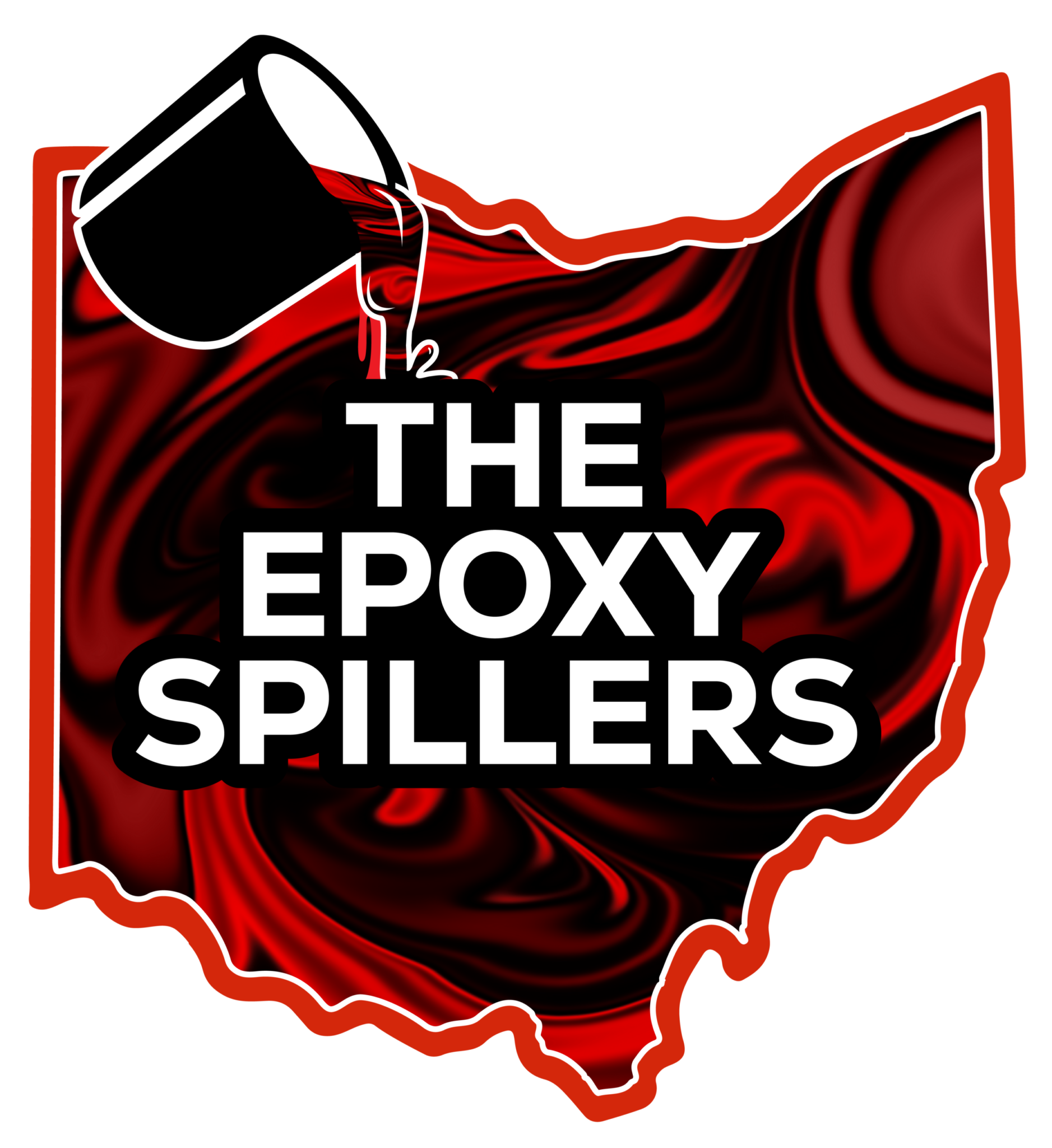 Black and red Ohio-shaped logo with a tipped paint can and the words “THE EPOXY SPILLERS”