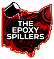 Black and red Ohio-shaped logo with a tipped paint can and the words “THE EPOXY SPILLERS”