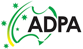 ADPA logo with black letters and green circular stars around a stylized figure on a white background