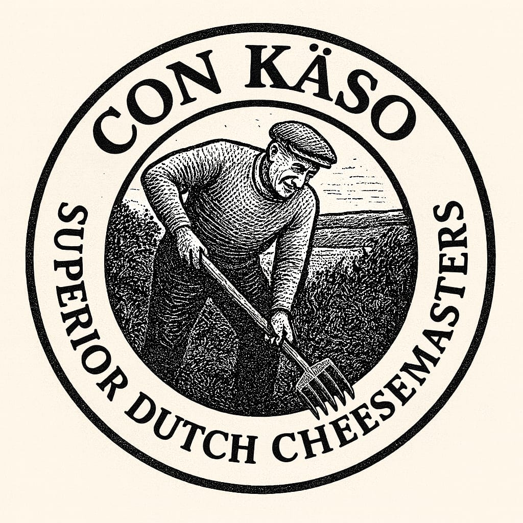 Logo: Mann auf einem Feld beim Rechen. „Con Käso“, „Superior Dutch Cheesemasters“ im Kreis.