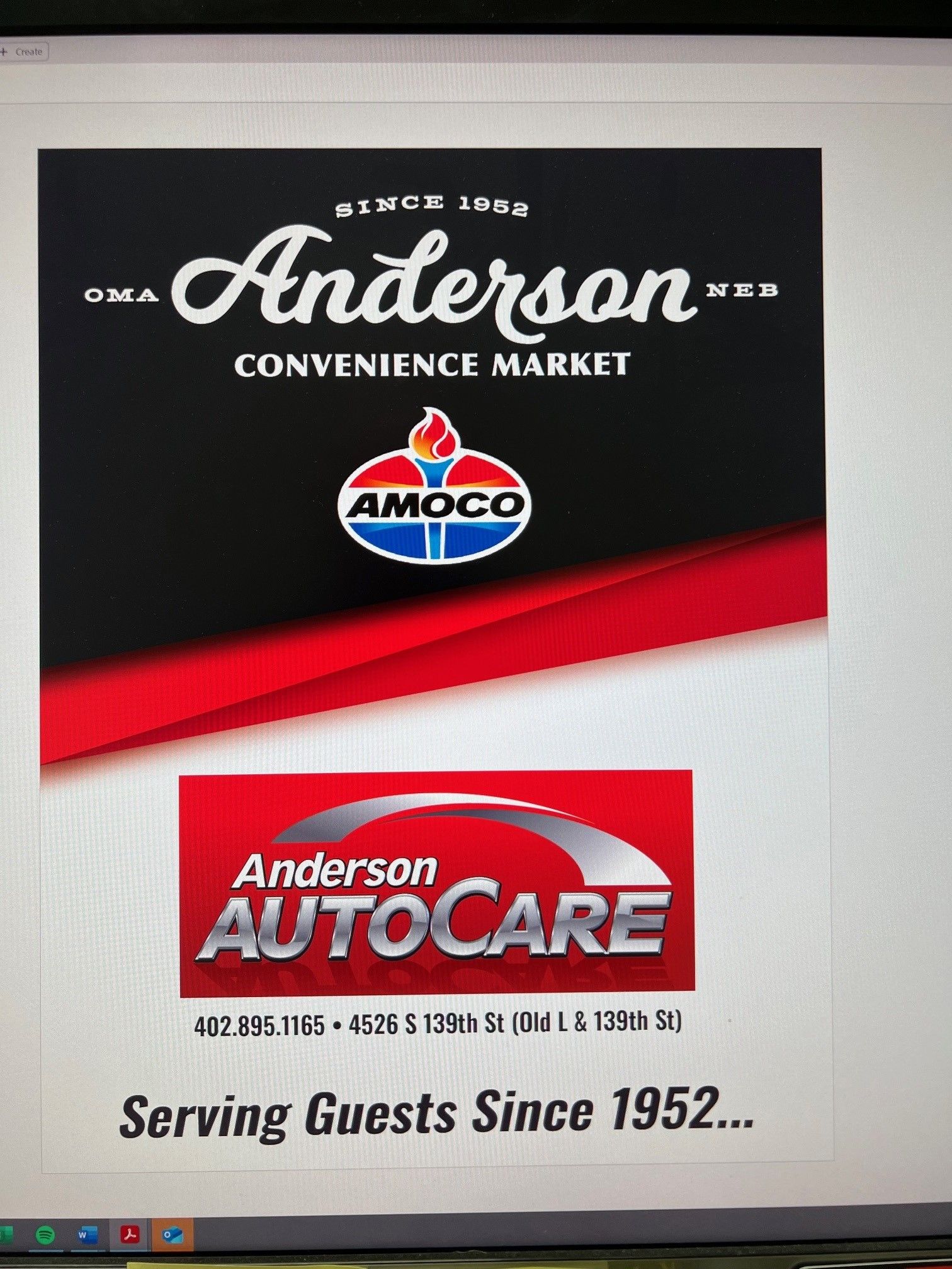 Anderson Convenience Market and AutoCare signs, Amoco logo. Serving guests since 1952.