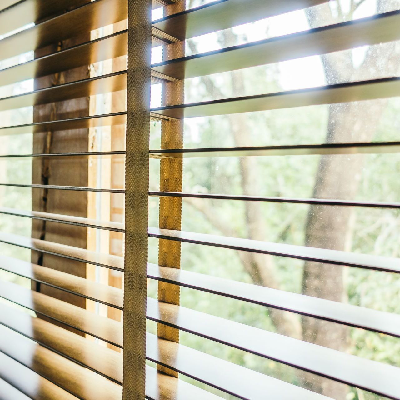 A close up of a window with blinds on it and trees in the background.