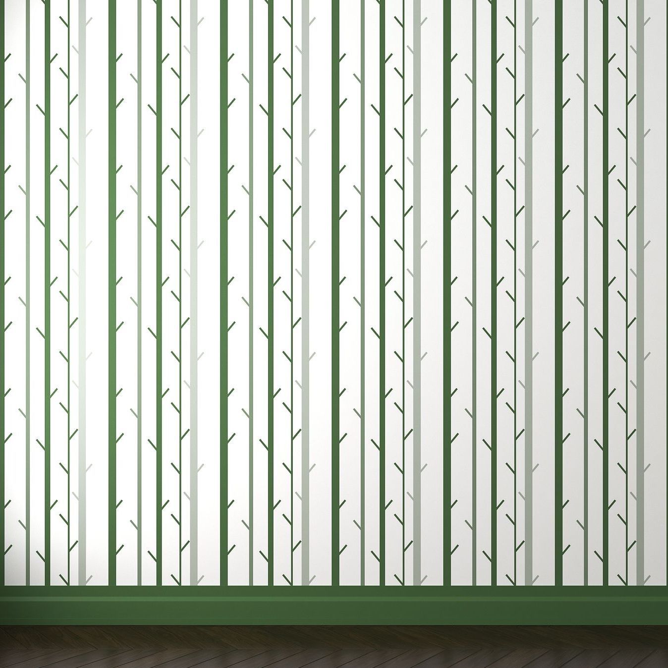 A wall with a green border and a pattern of trees on it.