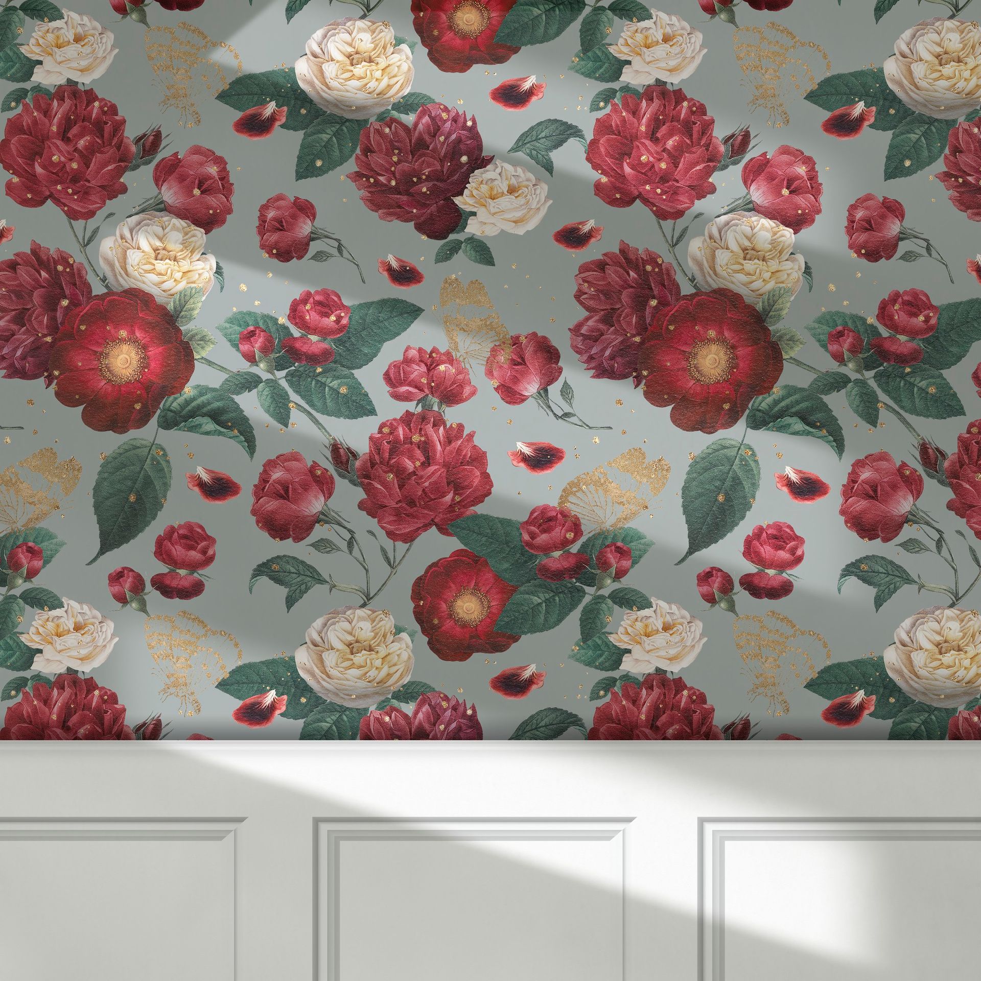 A wall with a pattern of red and white flowers on it.