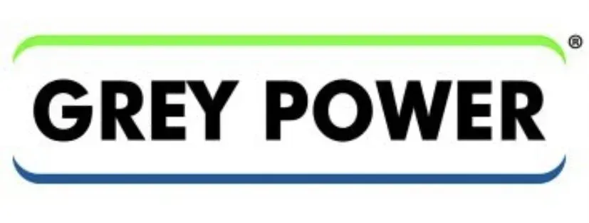 Logo for Grey Power: Black text within a green and blue outlined rectangle.