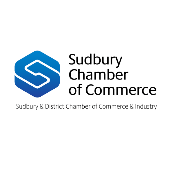 The logo for the sudbury chamber of commerce is blue and white.