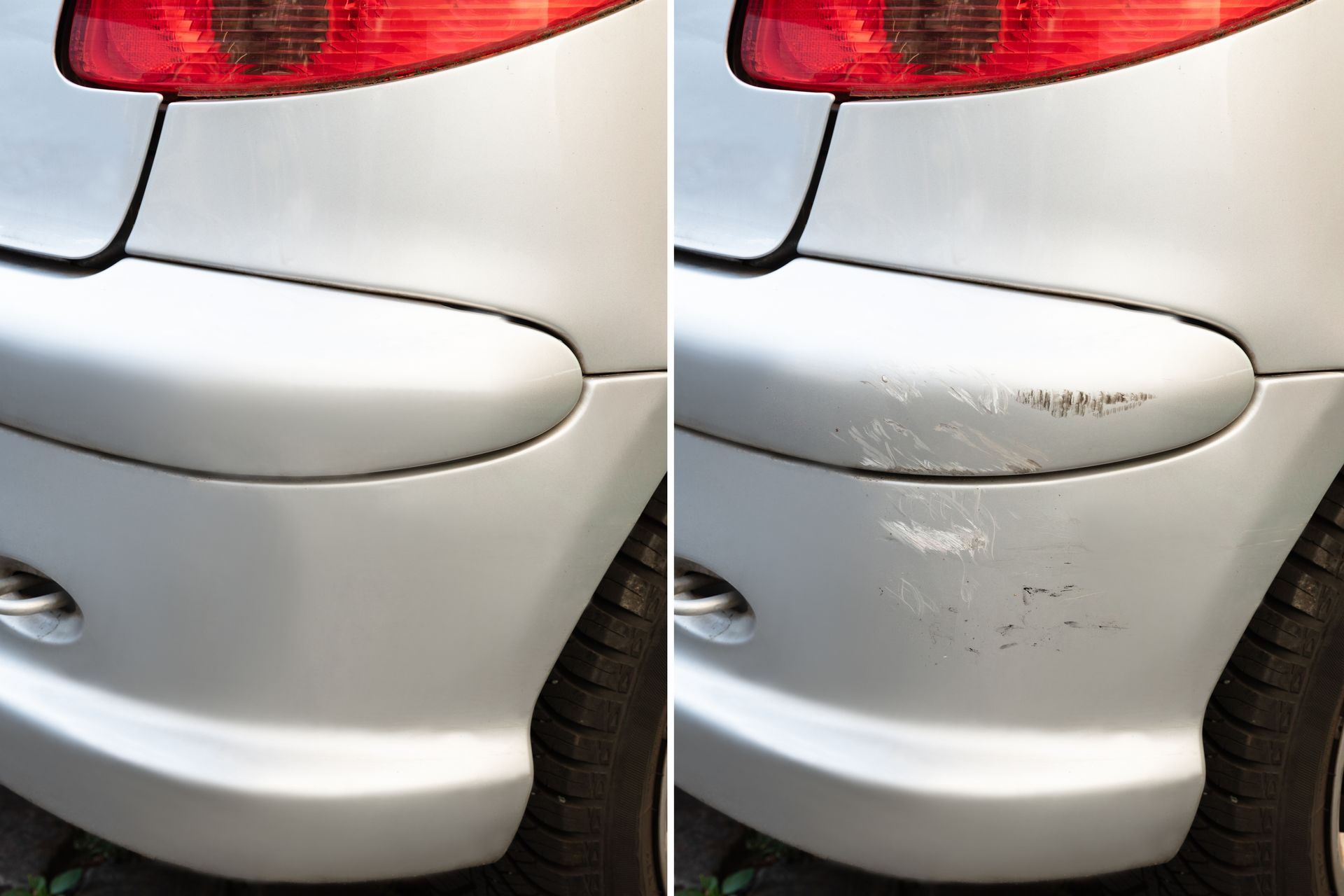 A before and after photo of a car 's bumper