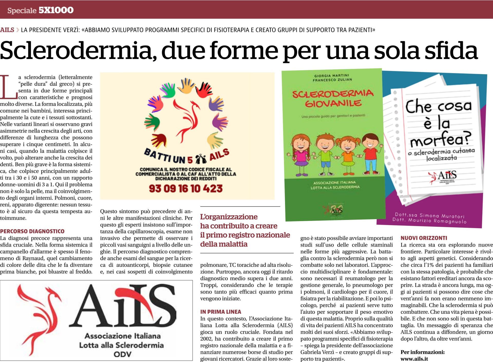 Articolo sulla sclerodermia con immagini, loghi e numeri di telefono.