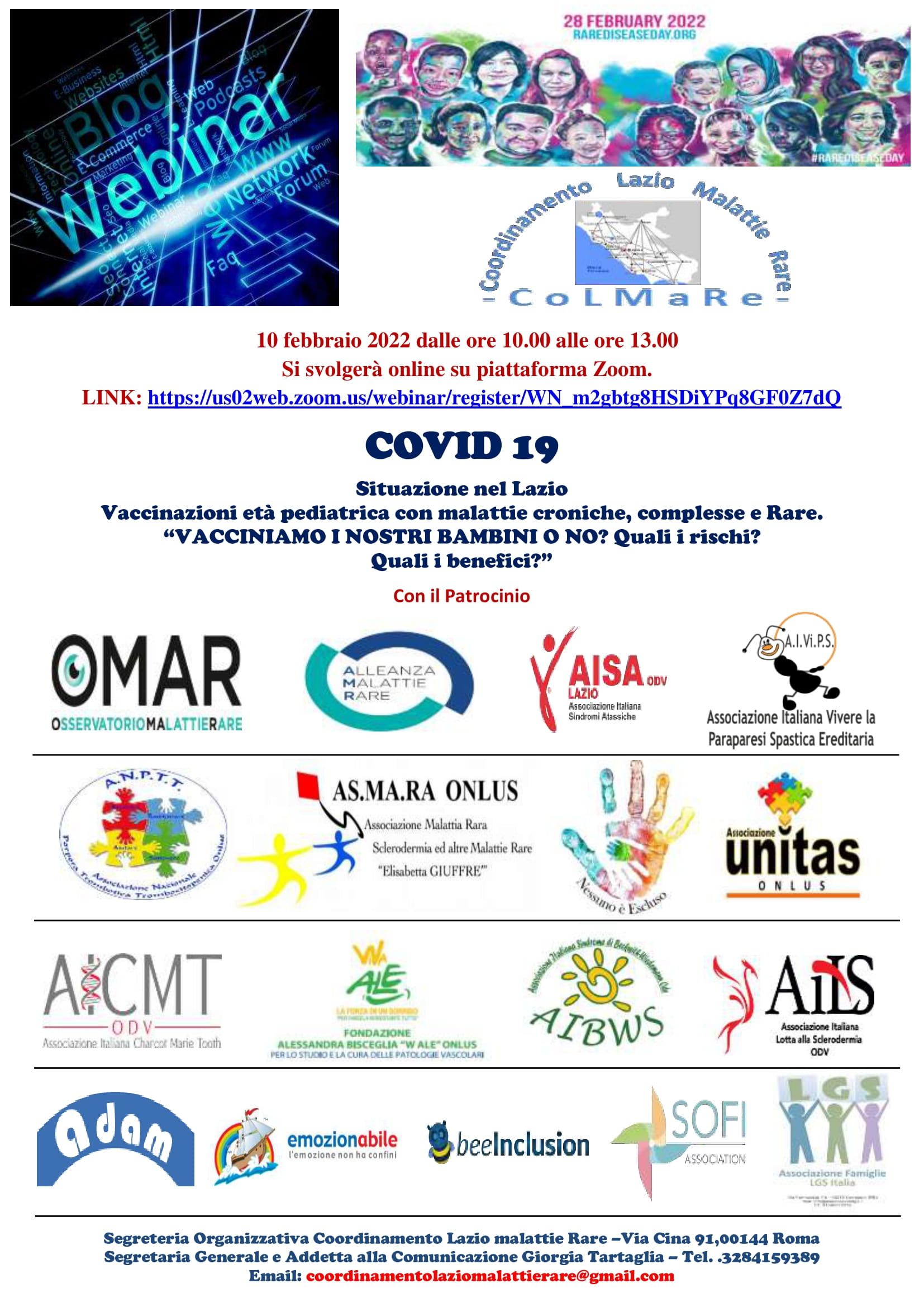 Annuncio del webinar sul COVID-19, con i loghi di numerose organizzazioni.
