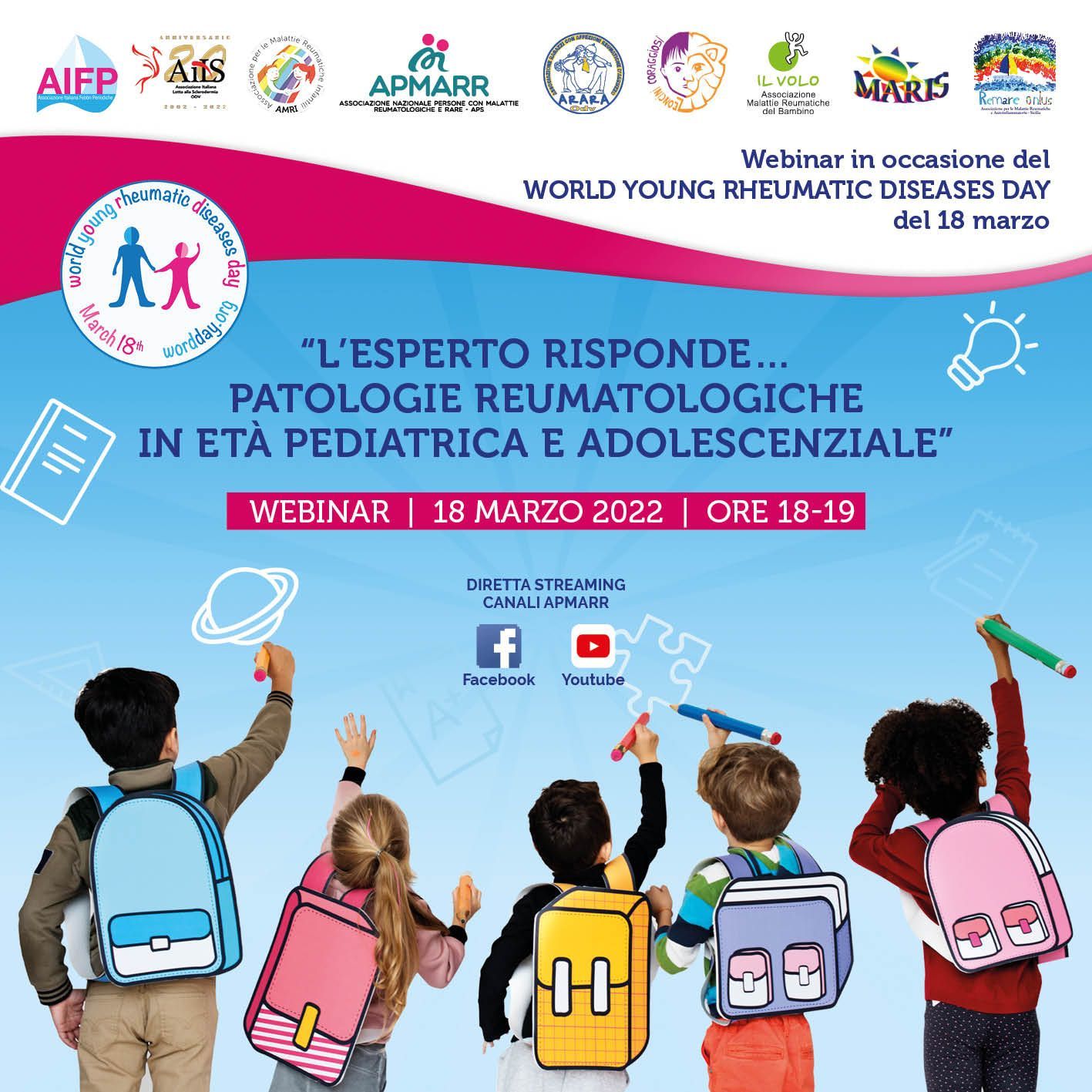 Pubblicità del webinar per la Giornata mondiale contro le malattie reumatiche giovanili: disegno di bambini, titolo in italiano, loghi, link ai social media.