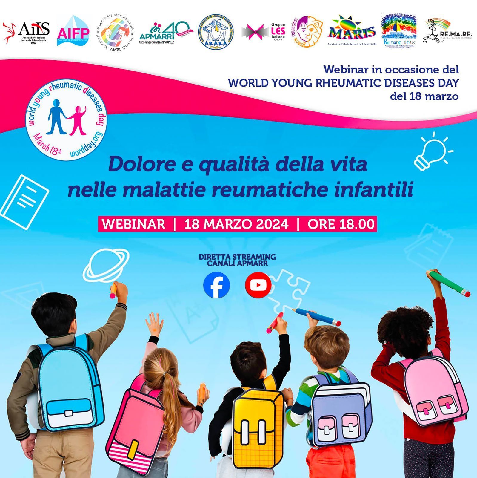 Annuncio del webinar: Bambini che dipingono su una lavagna, con testo sulle malattie reumatiche nei bambini, 18 marzo 2024.