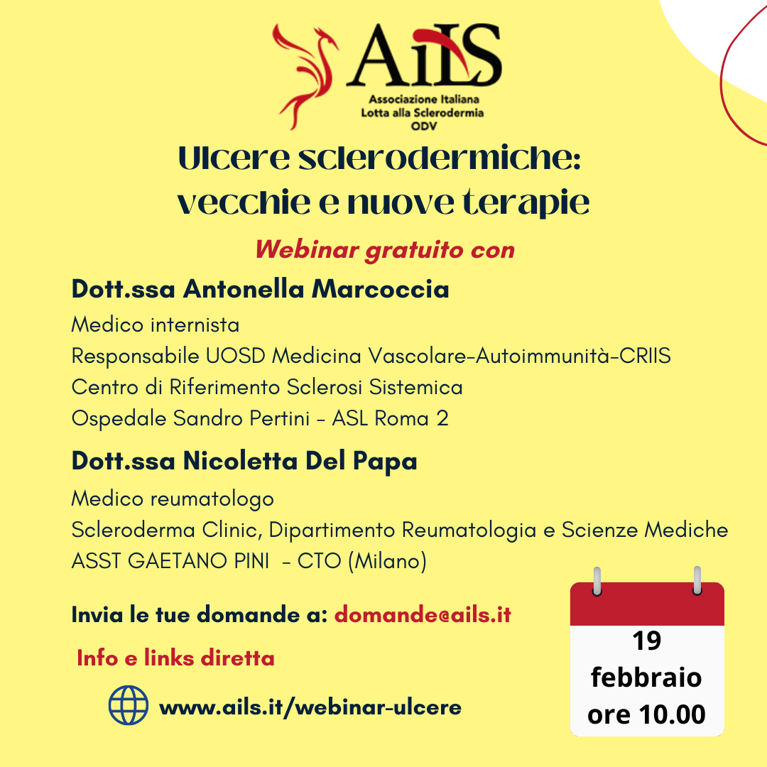Annuncio del webinar sulle ulcere sclerodermiche: con la partecipazione di due medici, con data e ora.