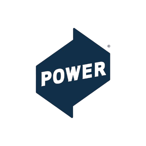 The word "POWER" in white, bold capital letters, centered inside a navy blue, right-pointing arrow-shaped icon.