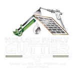 Logo for Holland Family Gutter and More LLC featuring a roof, a gutter, a pressure washer, and a water drop.