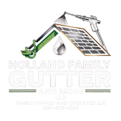 Logo for Holland Family Gutter and More LLC featuring a roof, a gutter, a pressure washer, and a water drop.