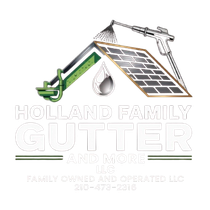 Logo for Holland Family Gutter and More LLC featuring a roof, a gutter, a pressure washer, and a water drop.