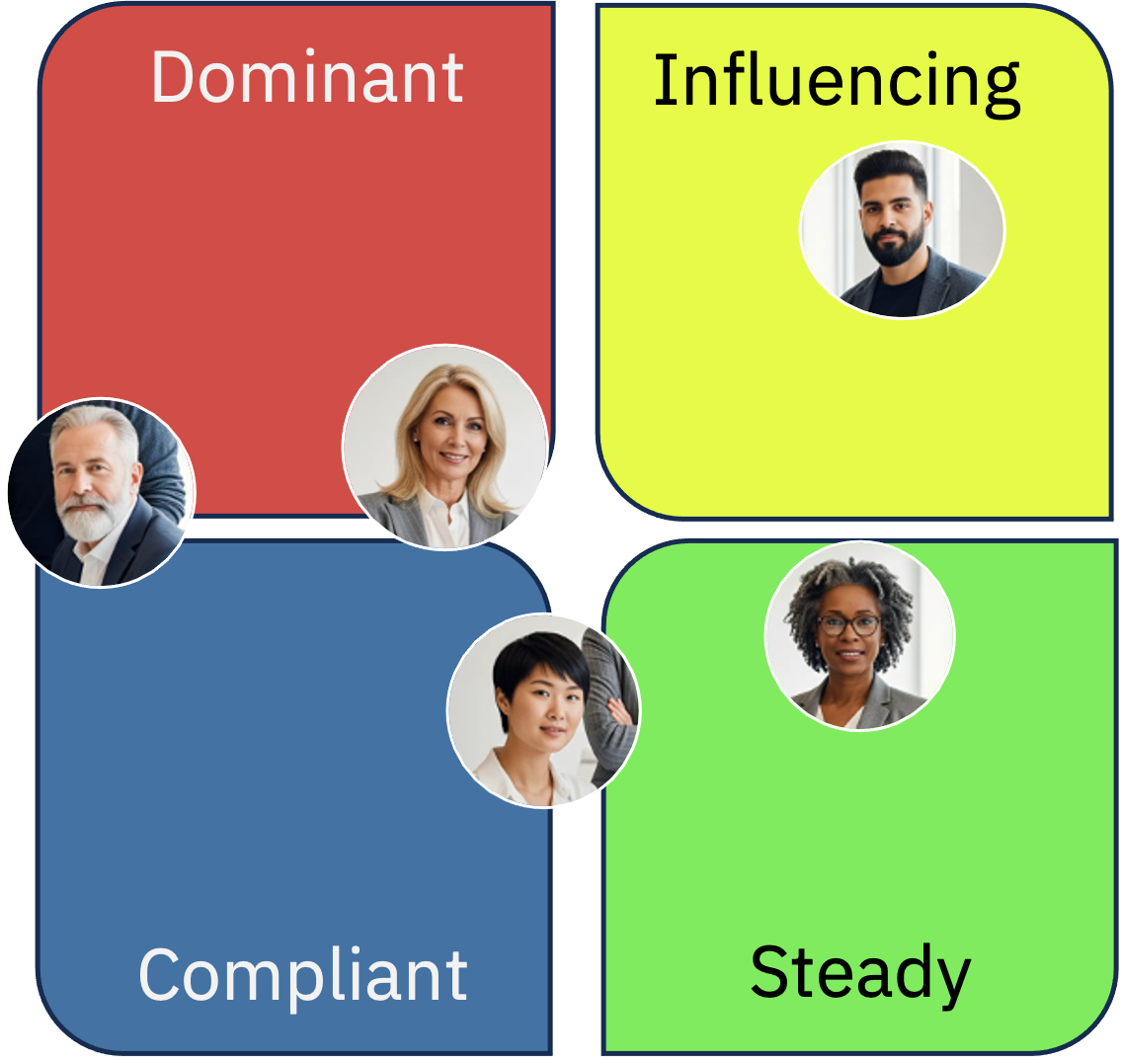 Four-quadrant chart labeled Dominant, Influencing, Compliant, and Steady with four profile photos on the sections