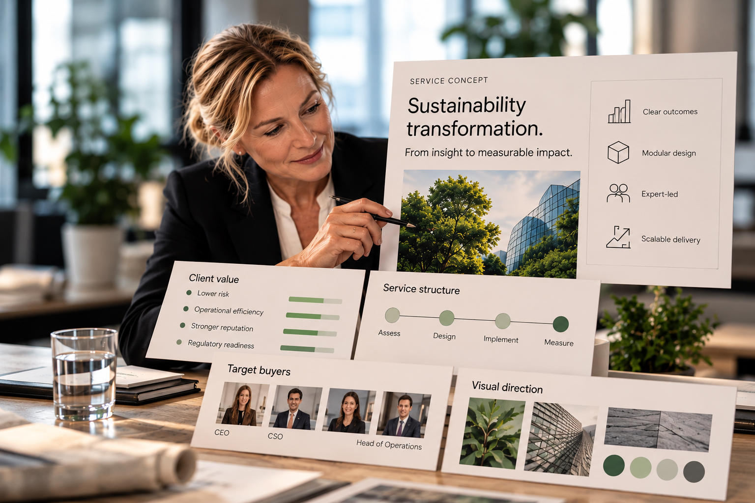 Woman presenting sustainability strategy boards in an office meeting