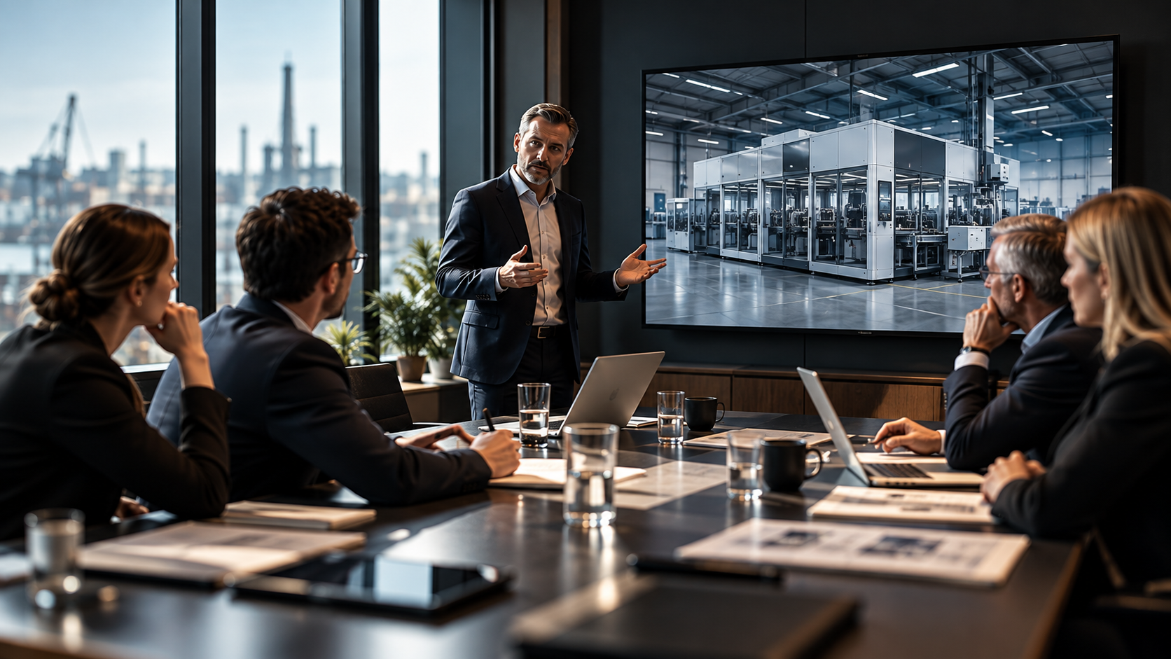 People reviewing a layout of printed photos and notes on a table in a meeting room