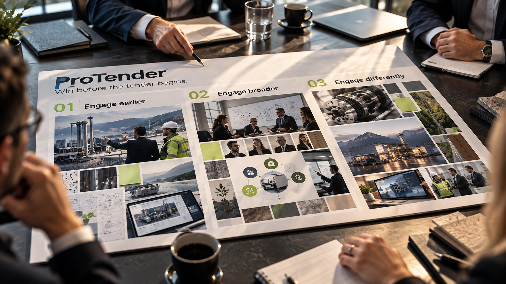 People reviewing a layout of printed photos and notes on a table in a meeting room