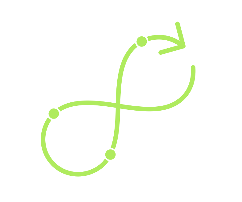 Lime green infinity loop with arrowhead, stylized as a continuous flow symbol.