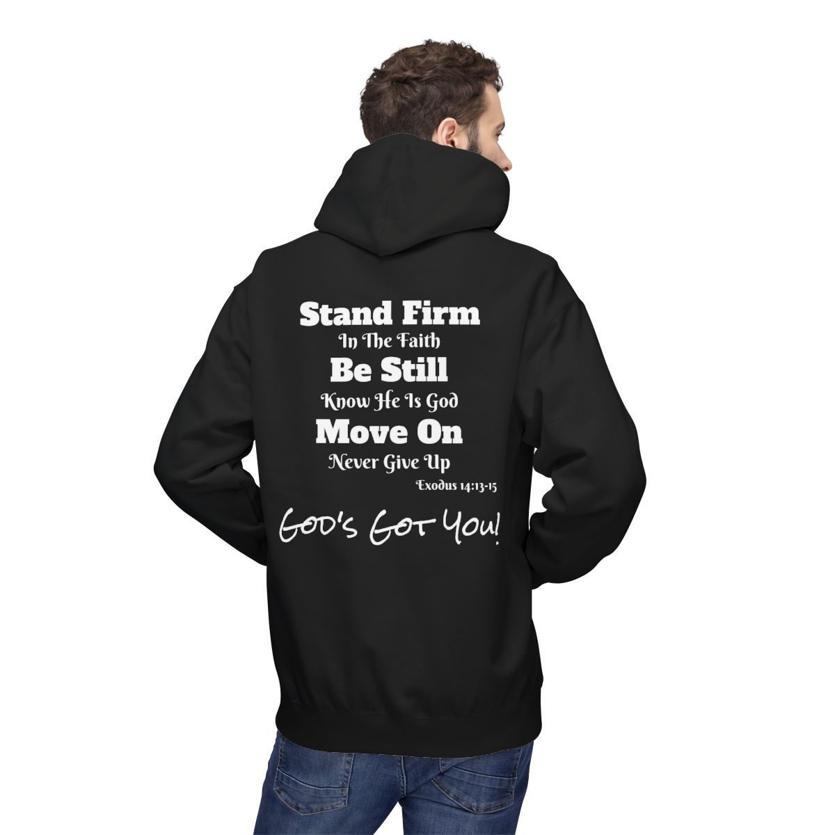Man in black hoodie with text:
