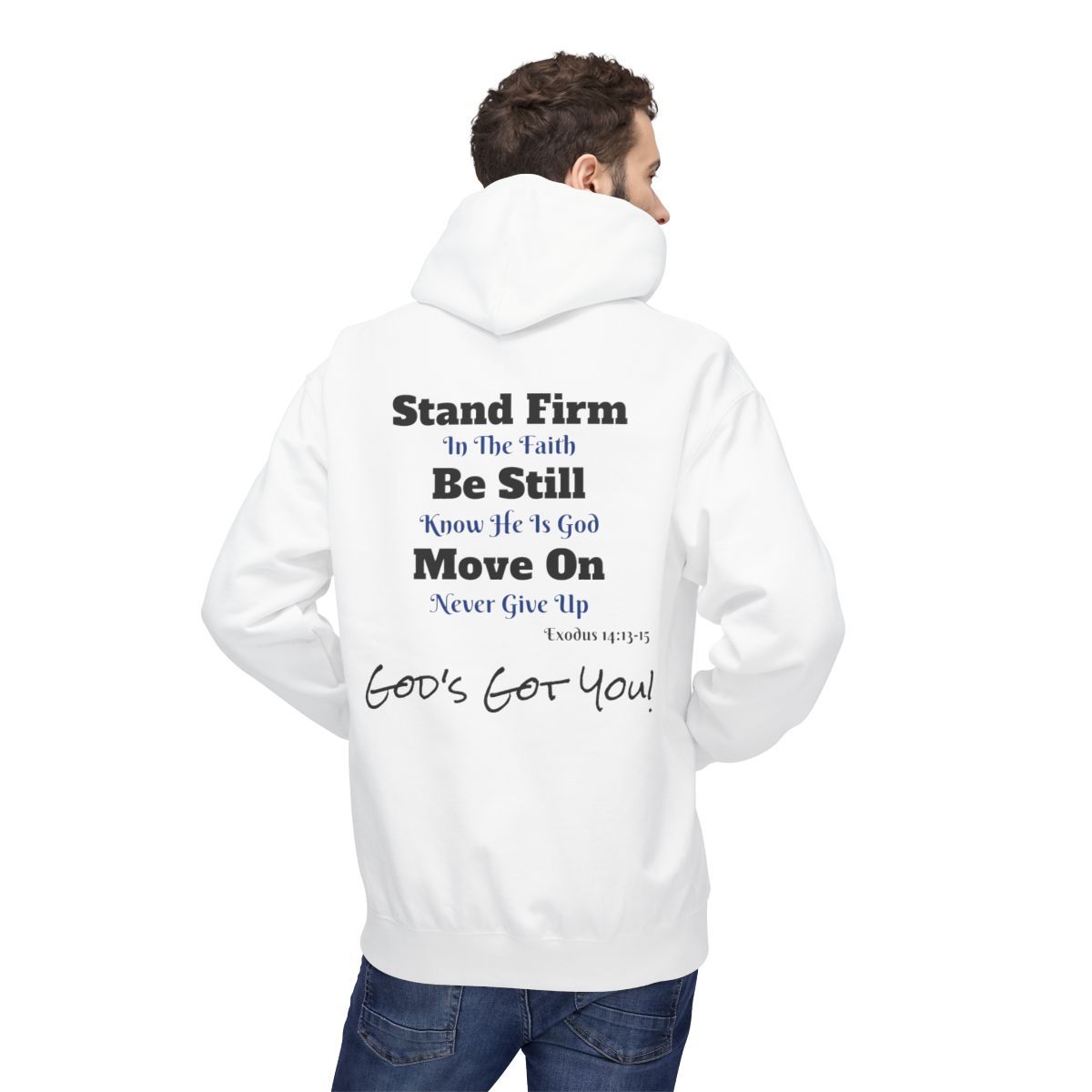 Man wearing white hoodie with text: