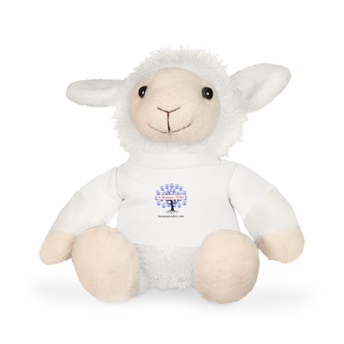 A brown teddy bear sits wearing a white t-shirt featuring a tree graphic.