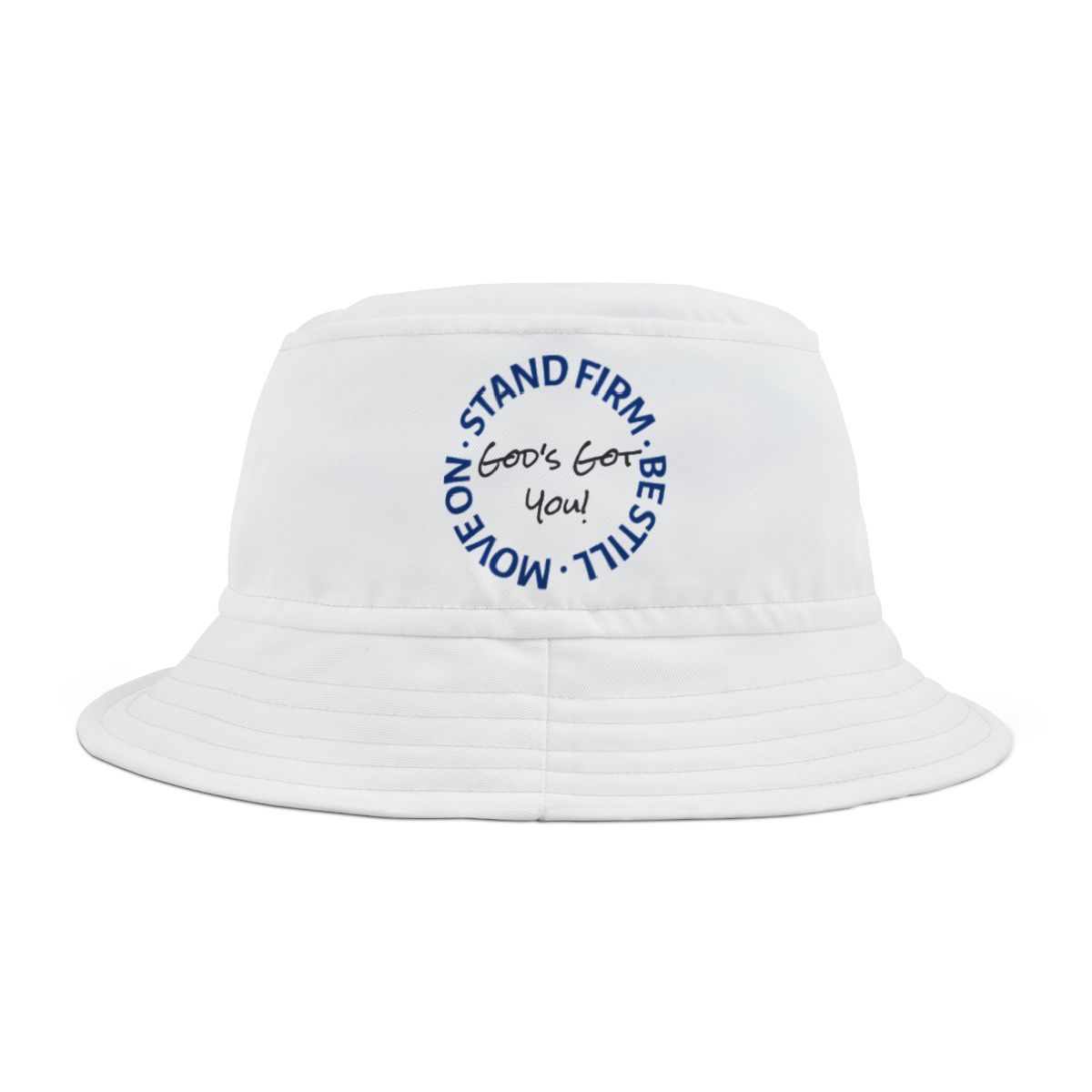 White bucket hat with a circular blue graphic reading