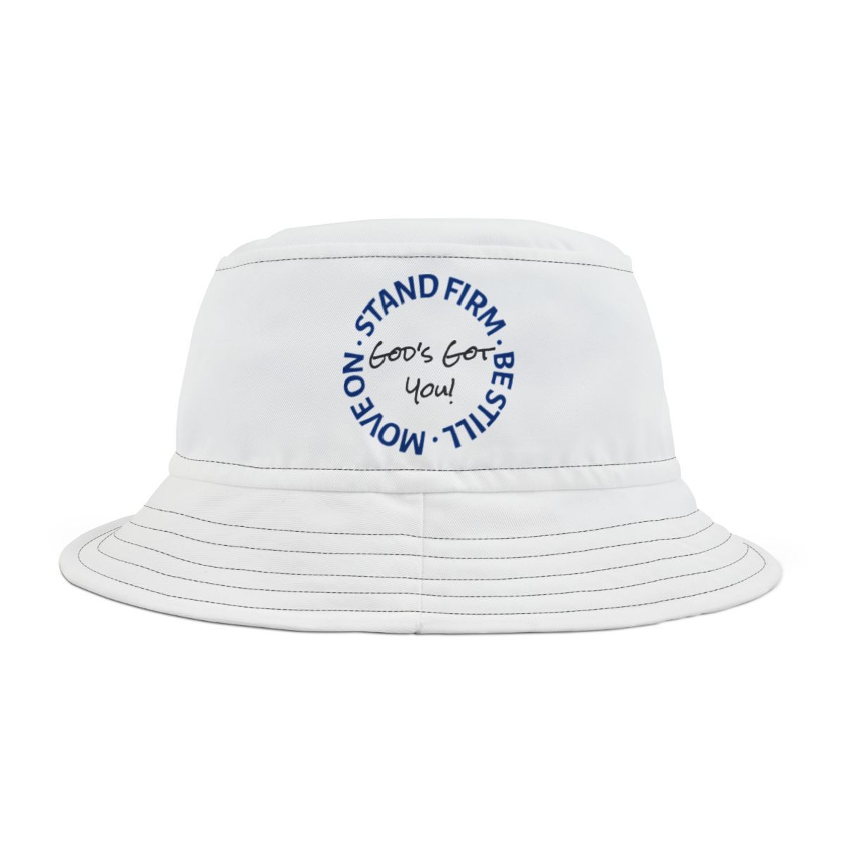 White bucket hat with a circular blue graphic reading