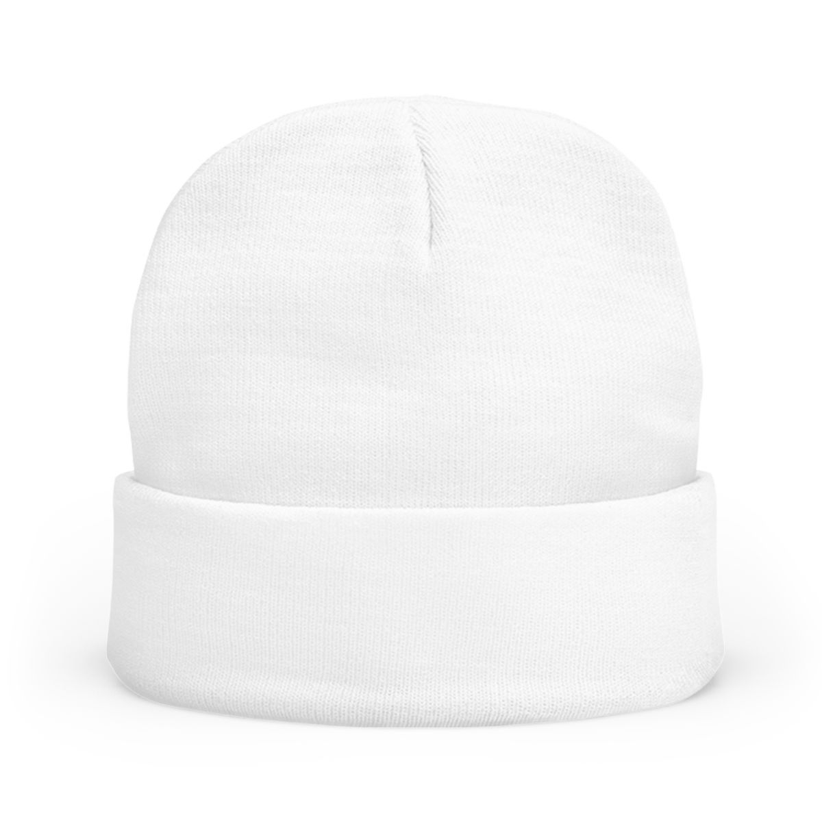A white beanie with a circular blue embroidered design featuring the text