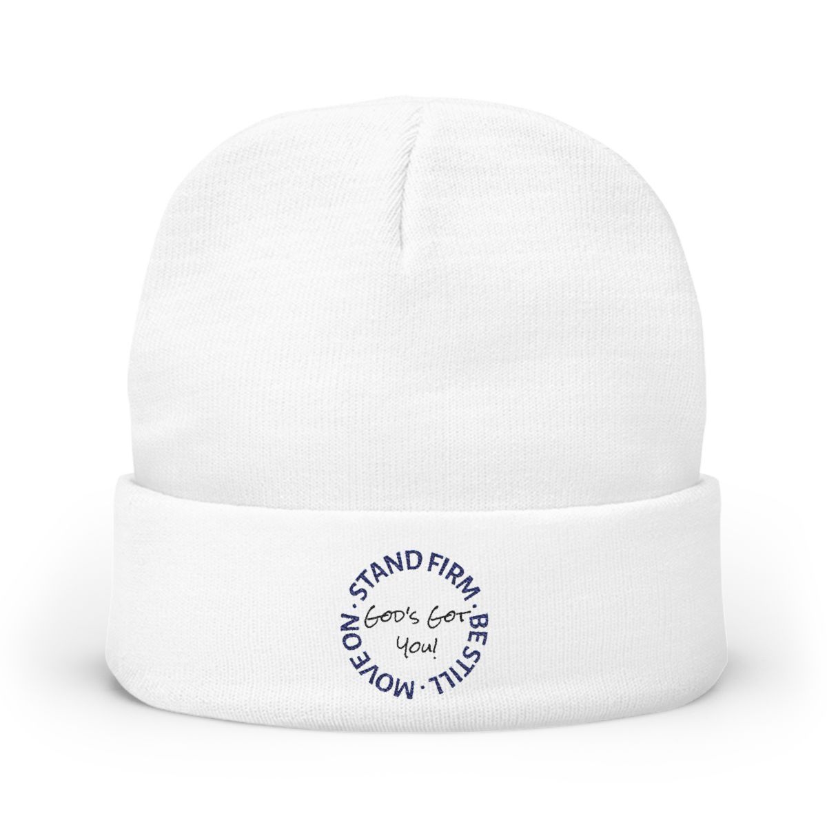 A white beanie with a circular blue embroidered design featuring the text
