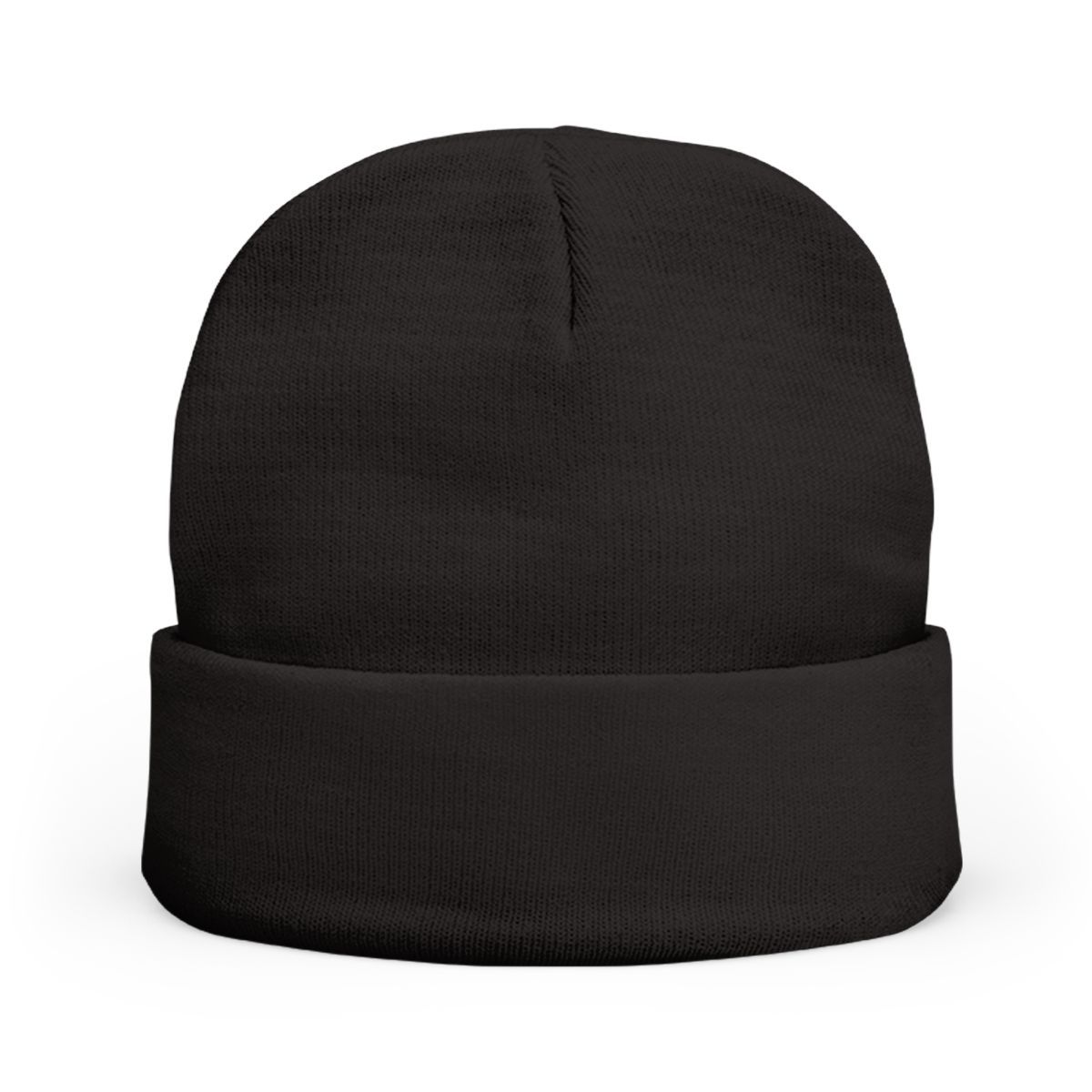 A black knit beanie with a white circular emblem containing the text