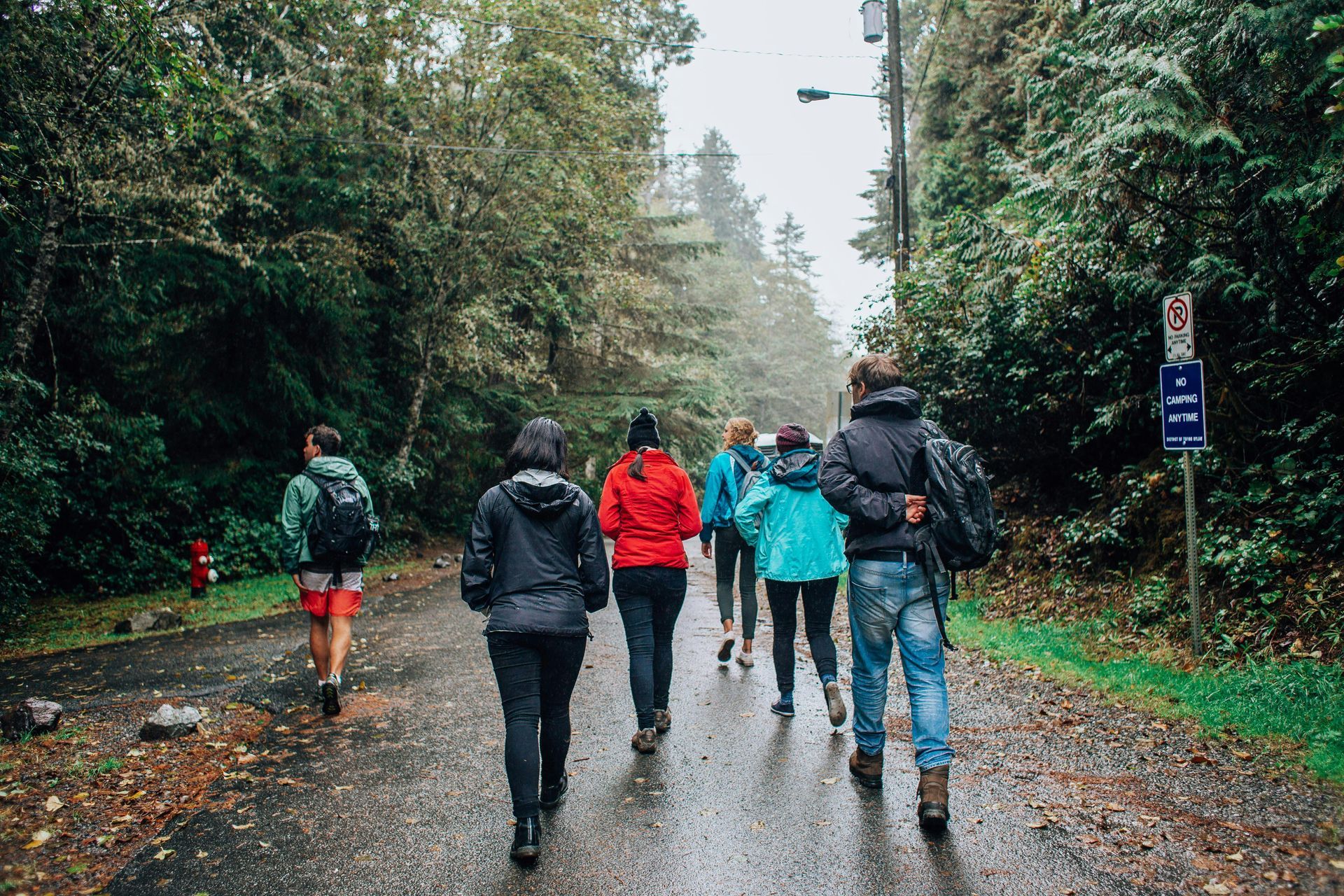 A group of people are walking down a road in the rain.