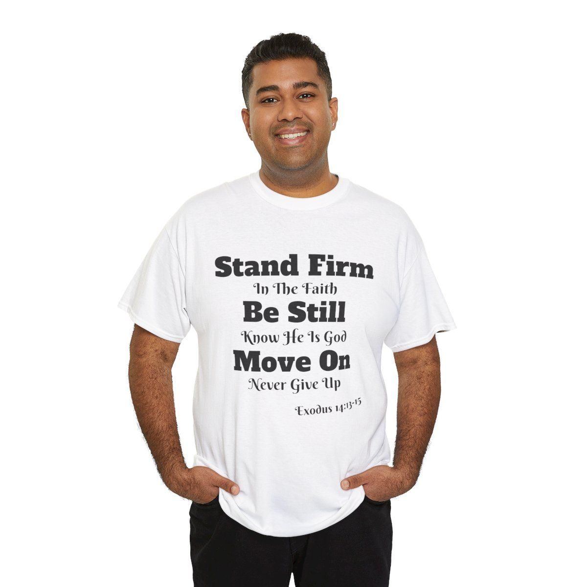 Man wearing a white t-shirt with a religious message: