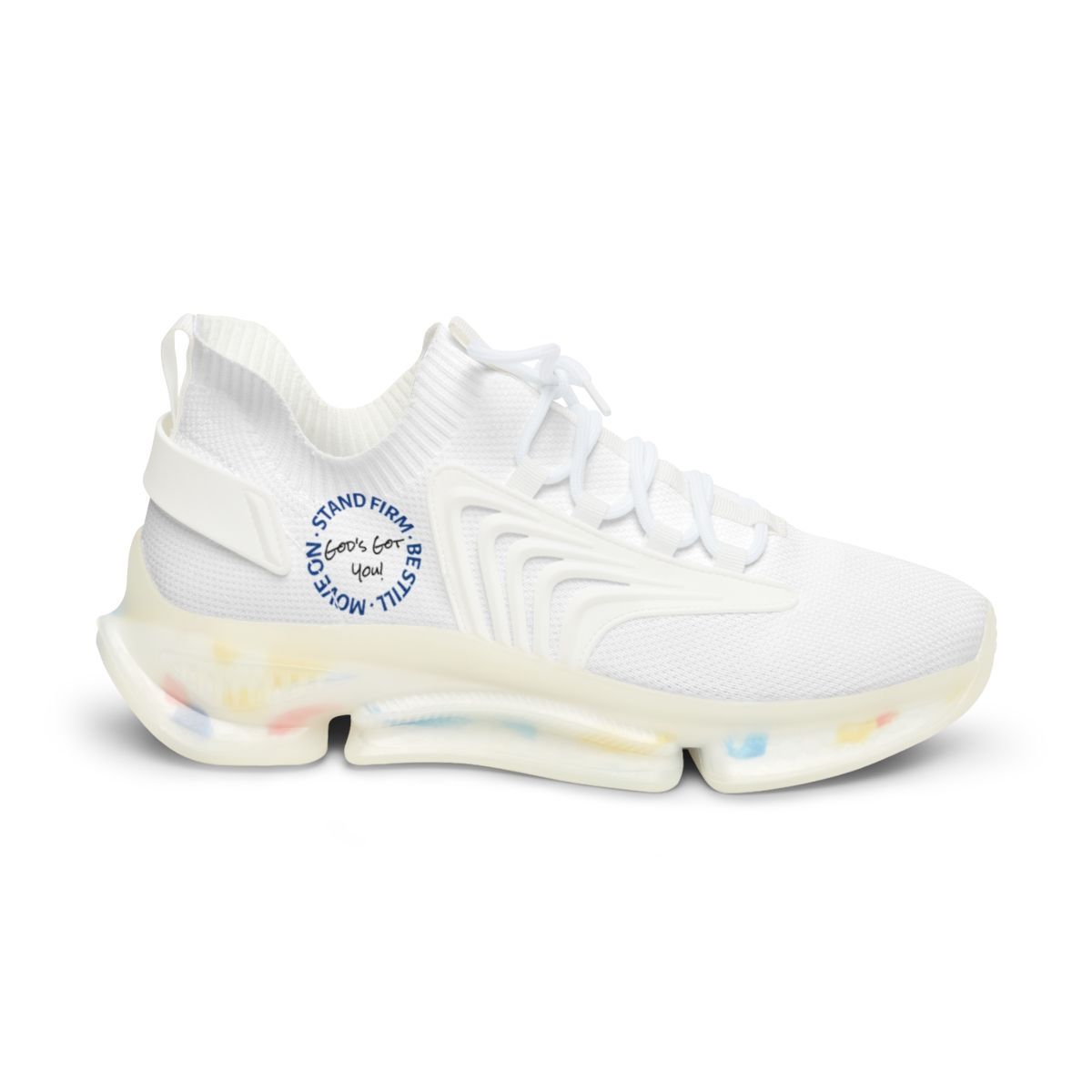 A white athletic sneaker with a textured knit upper and a chunky, translucent sole featuring blue and peach accents.