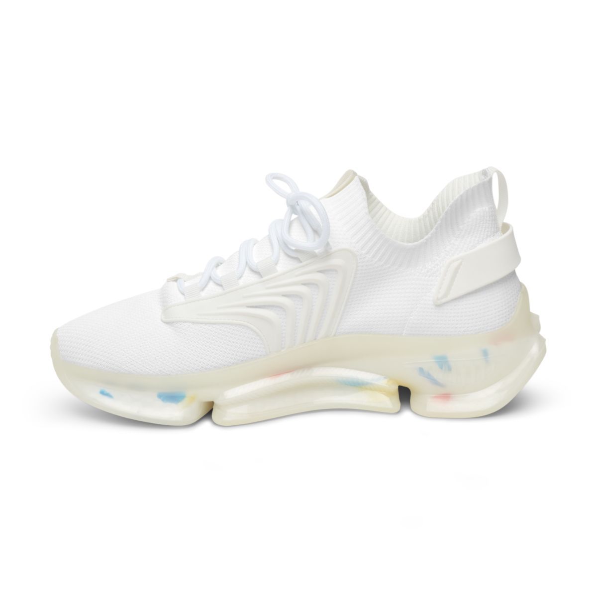 A white athletic sneaker with a textured knit upper and a chunky, translucent sole featuring blue and peach accents.