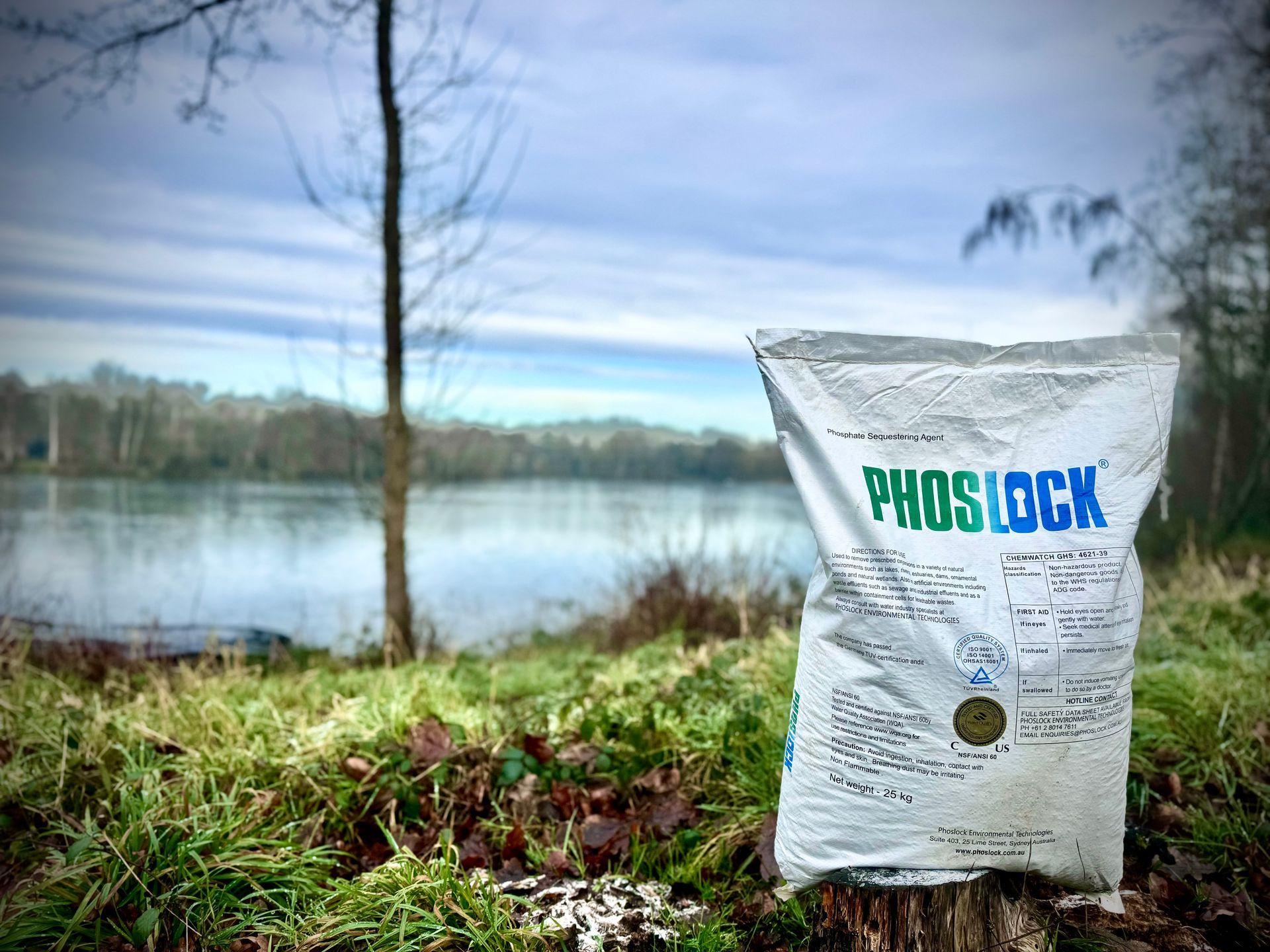 A bag of food is sitting on top of a stump in front of a lake.
