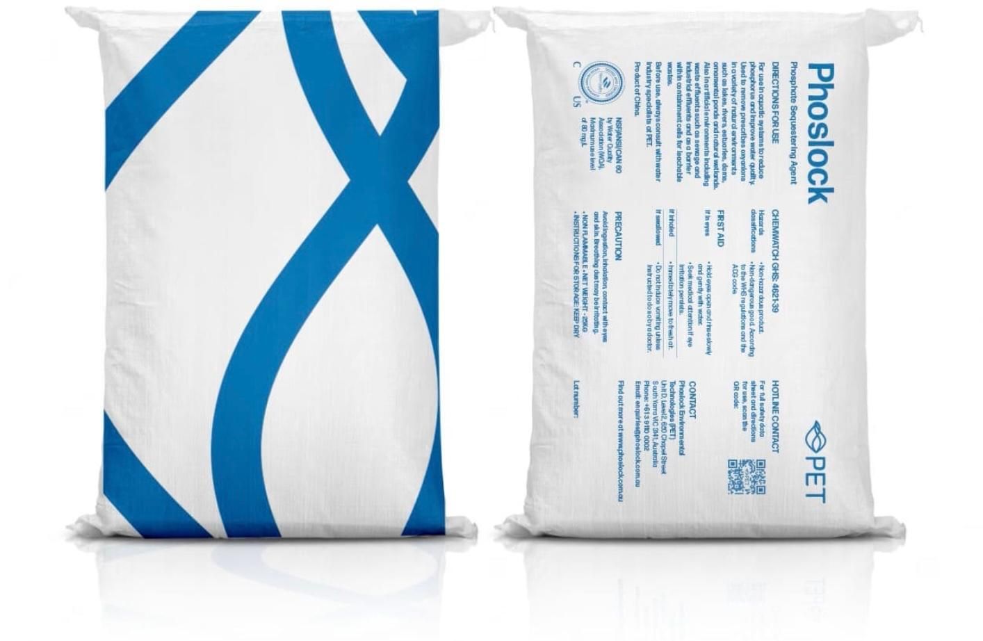 Two white bags, one with blue crisscross design, other with Phoslock product label.