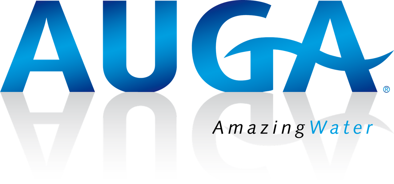 Logo for AUGA Amazing Water. Blue text with wave graphic.