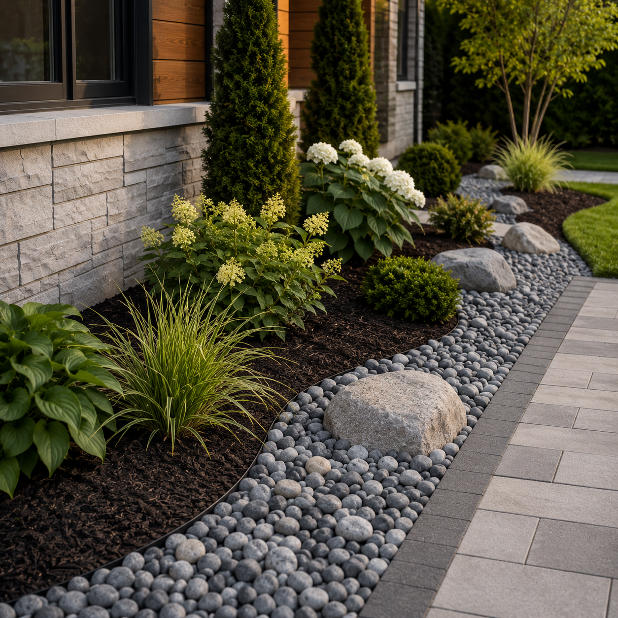 Jardin moderne de devant avec galets, arbustes et allée de pierres longeant une maison