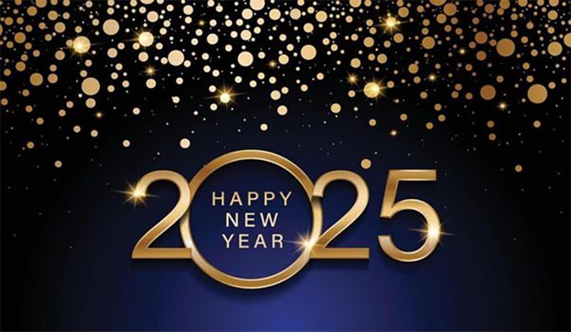 Happy New Year 2025 with all written in gold and gold balls falling from the top to the bottom.