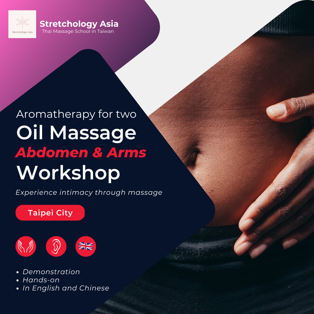 A poster for an aromatherapy for two oil massage abdomen and arms workshop