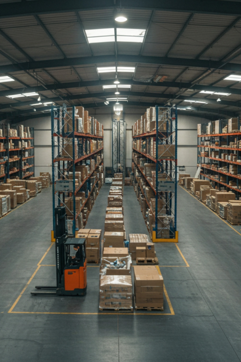 Warehouse interior with rows of shelves filled with boxes, forklift in the foreground.